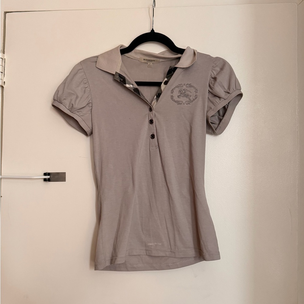 Burberry Light Gray Puff Sleeve Polo with Contrast Plaid Trim